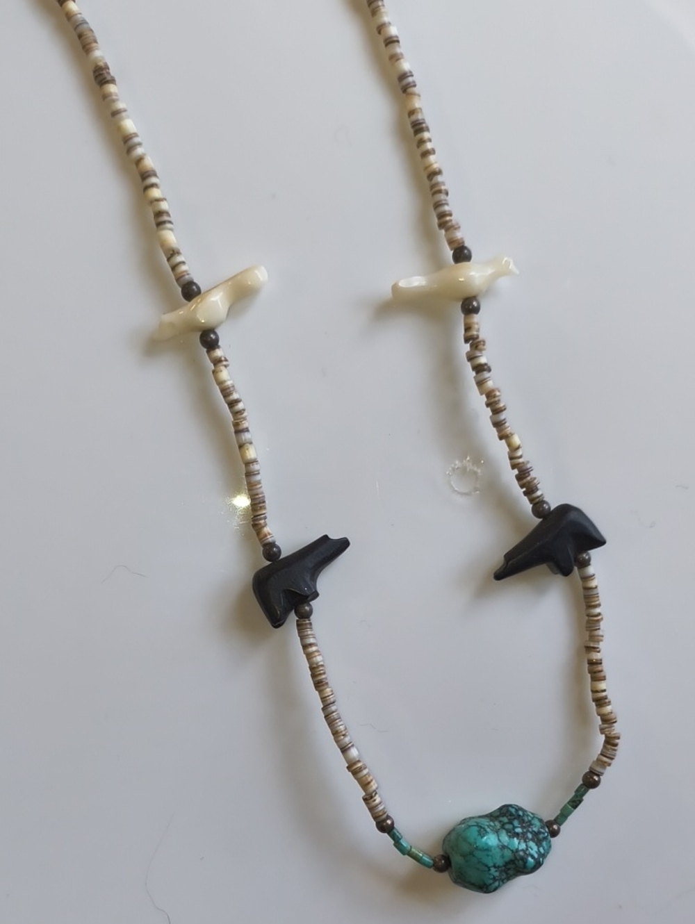 Native American Turquoise , Shell, Onyx Necklace with Animal Fetishes Vintage